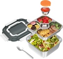 Salad Container for Lunch: 64oz Salad Bowl with Included Spork, 4-Section Bento Tray & Sauce Pot