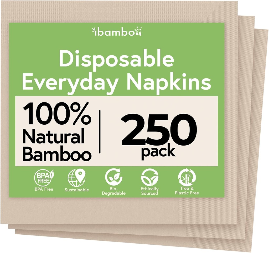 Ibambo Everyday 100% Bamboo Compostable Napkins Disposable 250-Pack | Table Napkins Disposable for Lunch, Dinner, Events & Entertaining | 2-Ply FSC Certified | Compostable Paper Towels | 6.5 x 6.5Inch