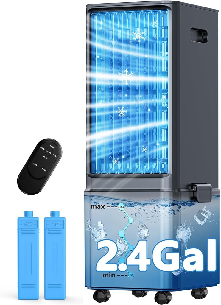 Windowless Air Conditioner w/4 Modes & 3 Speeds, Waterless Alert, 2.4-Gal Tank for 20H Cooling, 12H Timer, 20FT Remote, 70° Auto Swing Evaporative Air Cooler for Room Bedroom Office, Off White