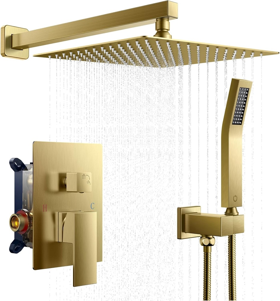 FORIOUS Rain Shower Head System, 12 Inch Shower Faucet Set with with handheld combo, Solid Brass Pressure Balanced Valve and Trim Kit Fixtures, Wall Mounted, Brushed Nickel