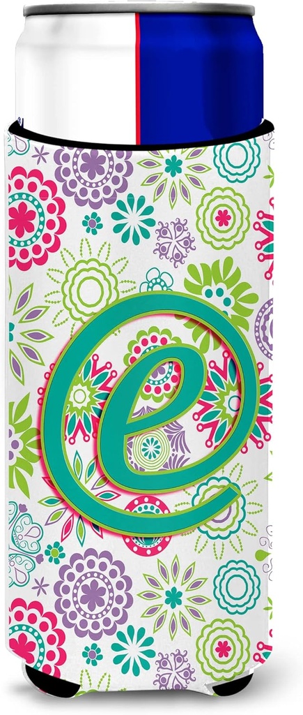 Letter E Flowers Pink Teal Green Initial Ultra Beverage Insulators for slim cans