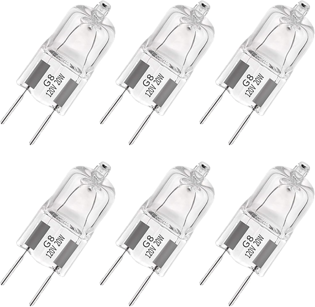 G8 Halogen Light Bulbs 20W 120V G8 Base 2Pin T4 JCD Type 2700K for Microwave Oven Replacements,for Candle Warmer Light Bulbs, Wax melt Bulbs(Pack of 6)