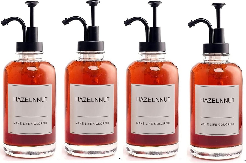 Coffee Bar Accessories 4 Pack Coffee Syrup Dispenser for Coffee Bar,500ML Glass Coffee Syrup Pump Dispenser,Coffee Syrup Bottles with Labels (Black+White Lable)