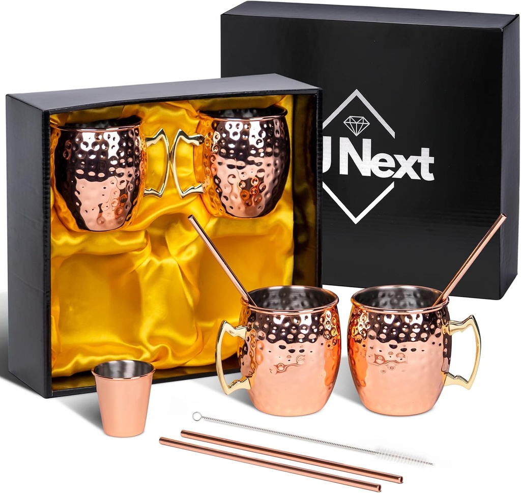 Moscow Mule Mugs - 16oz Hammered Copper Mugs Set of 4 with 4 Copper Straws, 1 Shot Glass - Cups with Stainless Steel Lining for Bars, Gift Packaging, Beers, Wines - Perfect for Drinking