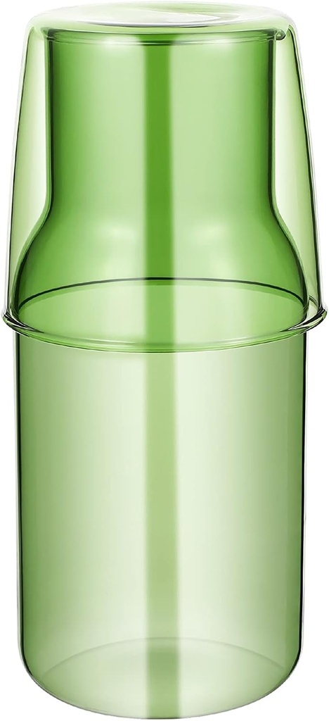 Doitool Bedside Water Carafe and Tumbler Glass Set - Borosilicate Glass Carafe with Lid for Nightstand, Bathroom, Kitchen, Office - 7.08 X 2.91 Inch (Green)