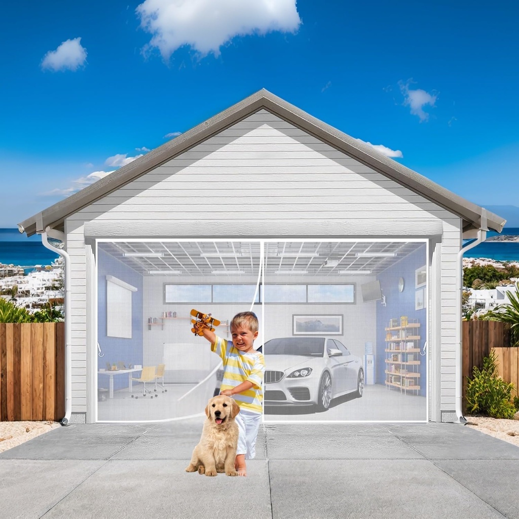 Magnetic Garage Door Screen 16x7Ft 8x7Ft 9x7Ft 9x9Ft 10x8Ft 10x10Ft Magnetic Screen Door for Sliding Patio Garage Door Mesh Screen Curtain Cover Kit(White,16 * 10FT)