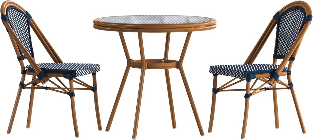 Flash Furniture Bordeaux Indoor/Outdoor Commercial Bistro Set - Tempered Glass Top Table - 2 Chairs - PE Rattan - NAT Bamboo Print Aluminum Frame - Navy/White