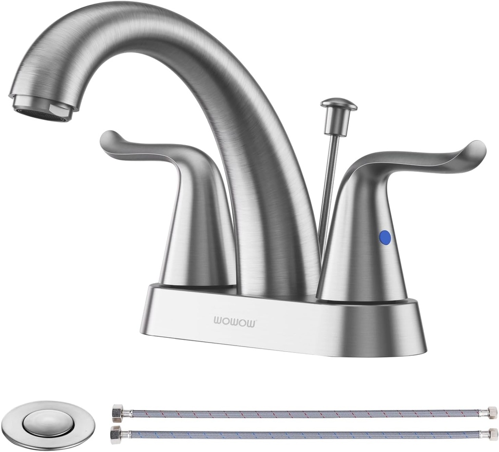 WOWOW Bathroom Faucet 2 Handle 4 Inch Centerset Bathroom Sink Faucet, Lead-Free Basin Mixer Tap with Lift Rod Drain Stopper, 2 Handle Centerset Lavatory Brushed Nickel Vanity Faucet