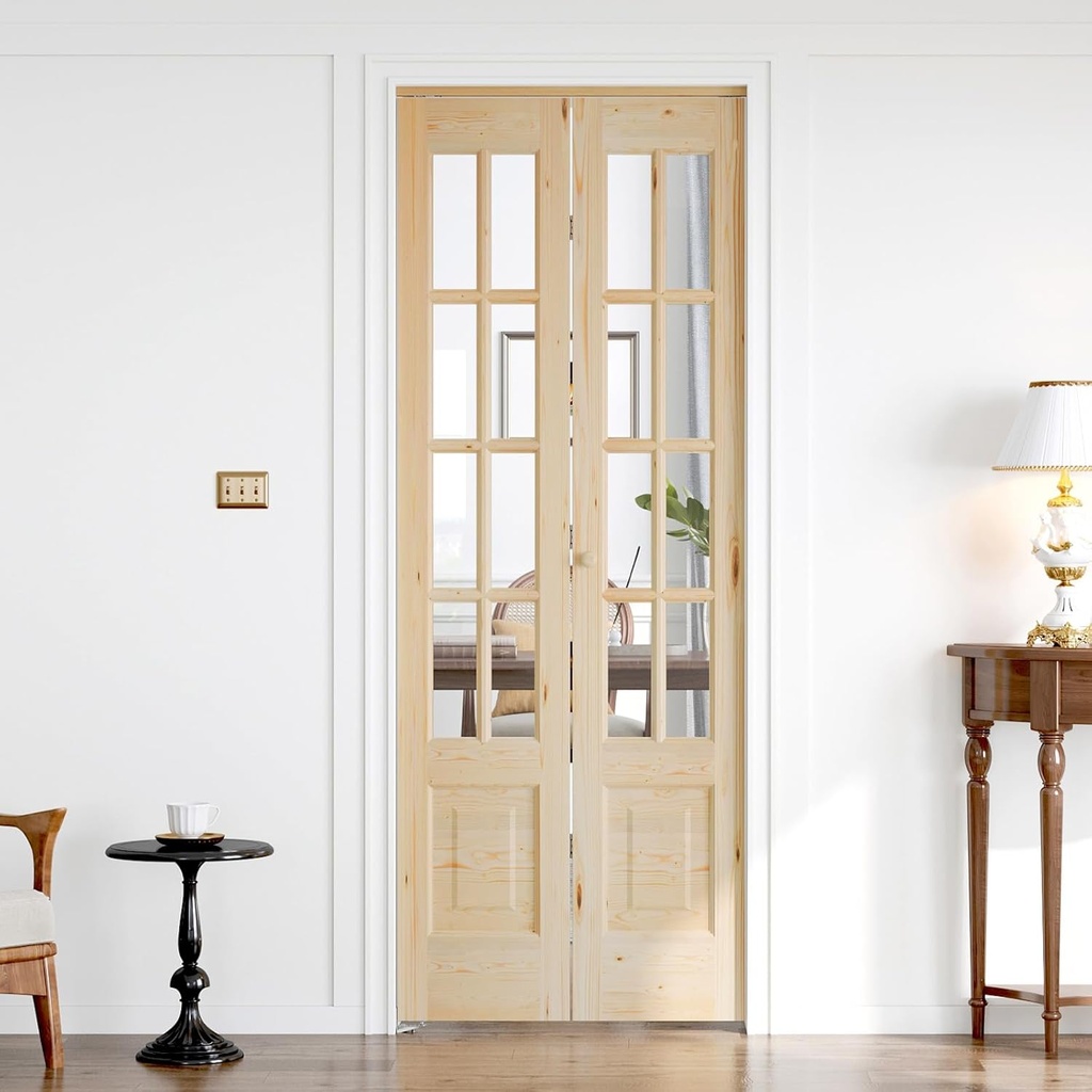 Bifold Doors for 28"×80" Opening, Clear Glass French Interior Folding Barn Door with Concealed Hardware Kit Included, Spruce Wood Support DIY Dyeing, Preassembled Door, Save Space