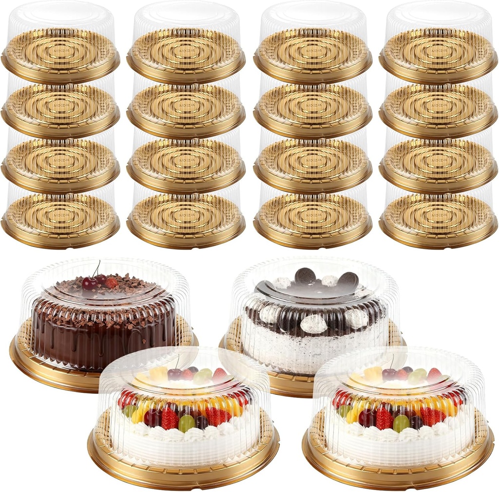 20 Pack 8" Disposable Cake Carriers, Disposable Cake Containers with Lids, Clear Plastic Cake Container, Disposable Cake Holder for Transport, Storing, Displaying Cakes, Golden