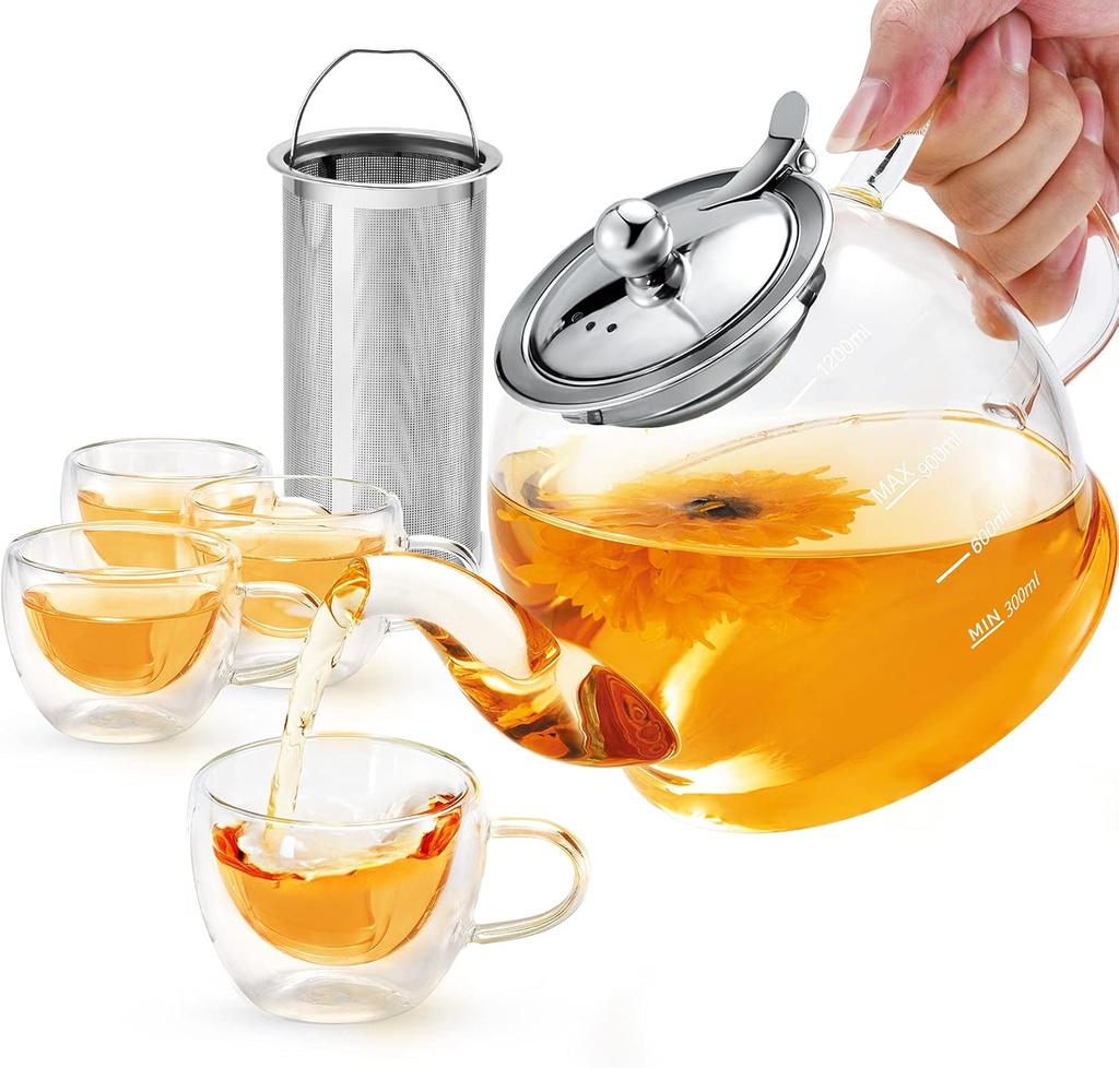 Tea Pot Set – 1200ml Glass Teapot with Removable Stainless Steel Infuser, and 4 Glass Teacups, Stovetop Safe Tea Kettle Gift Set, Blooming and Loose Leaf Tea Maker Set