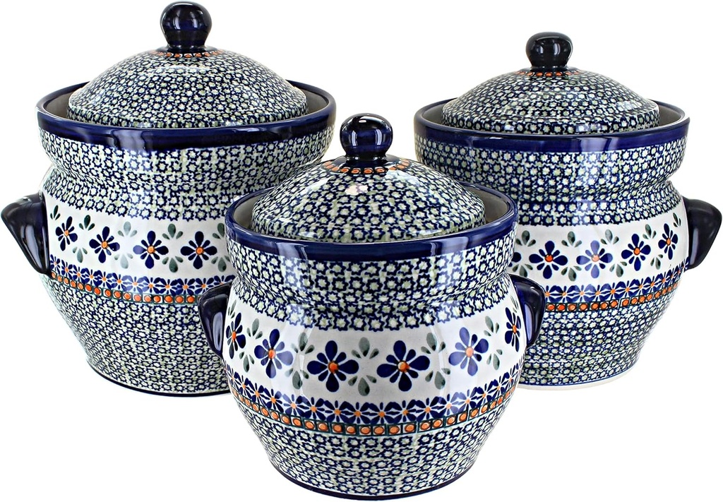 Blue Rose Polish Pottery - Green Mosaic Flower Large Canister Set - 3 Canisters - Hand-Painted Polish Pottery Ceramic Kitchen Storage Jar with Lid