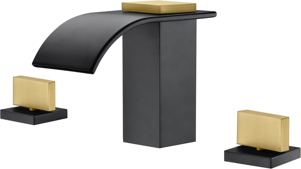 SUMERAIN 8" Widespread Bathroom Faucet 3 Hole Waterfall Basin Faucet Black and Gold Finish