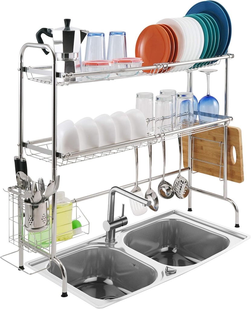 2 Tier Over The Sink Dish Drying Rack, Large Kitchen Counter Utensil Drainer w/ Non-Slip Rubber Feet, Stainless Steel Kitchen Countertop Shelf Organizer Stores Utensils, Cutting Board, Plates, Pots