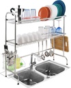 2 Tier Over The Sink Dish Drying Rack, Large Kitchen Counter Utensil Drainer w/ Non-Slip Rubber Feet, Stainless Steel Kitchen Countertop Shelf Organizer Stores Utensils, Cutting Board, Plates, Pots