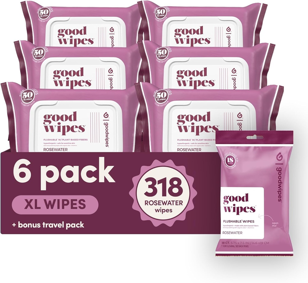 goodwipes Flushable Butt Wipes - Vitamin E & Aloe - Sewer & Septic Safe - Extra Large Adult Wet Wipes For Women & Men - Bathroom Essentials - Rosewater, 318 Count (6 Packs + 1 Travel)