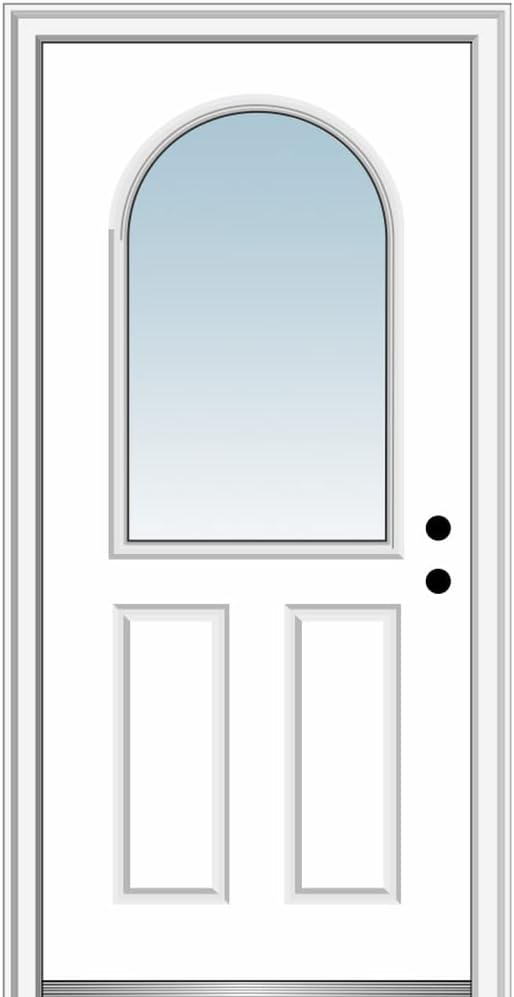 [BRSRMFQZOR7WMYDP] National Door Company, Steel, Primed, Left-Hand Inswing, Clear Glass, 1/2 Lite Round Top 2-Panel, Single Prehung Front Door, 36" x 80"