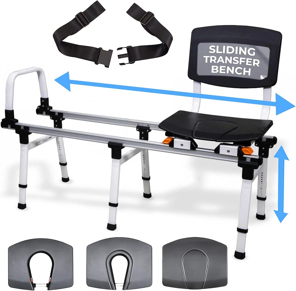 ShowerGlyde SG2 - FSA HSA Eligible | Sliding Transfer Bench for Toilet-Adjacent Tubs, Adjustable Height, Grab Bar, Extended Rails, Sliding Shower Chair with Commode Compatibility