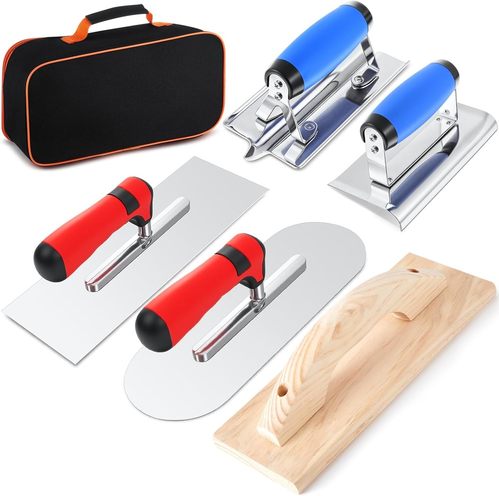 6pcs Concrete Hand Tools Set Masonry Tools Includes Stainless Steel Concrete Hand Edger, Groover, Wood Float, Finishing Trowel, Pool Trowel and Tool Bag for Cement Beginner Kit