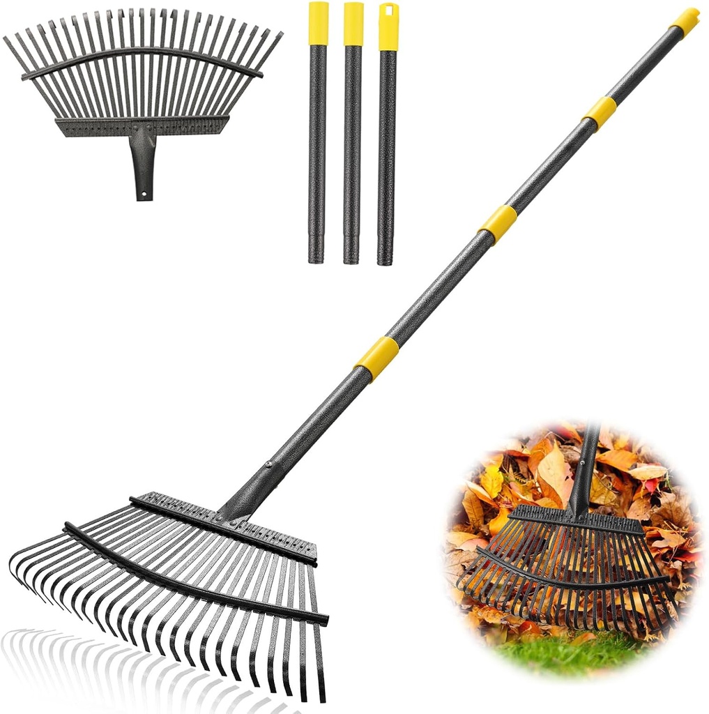 Garden Rake for Leaves, Heavy Duty 25 Tines Metal Leaf Rake，65" Adjustable Long Handle 18" Wide Yard Rake for Lawns Flower Bed Grass Mulch Shrub Camping Gardening