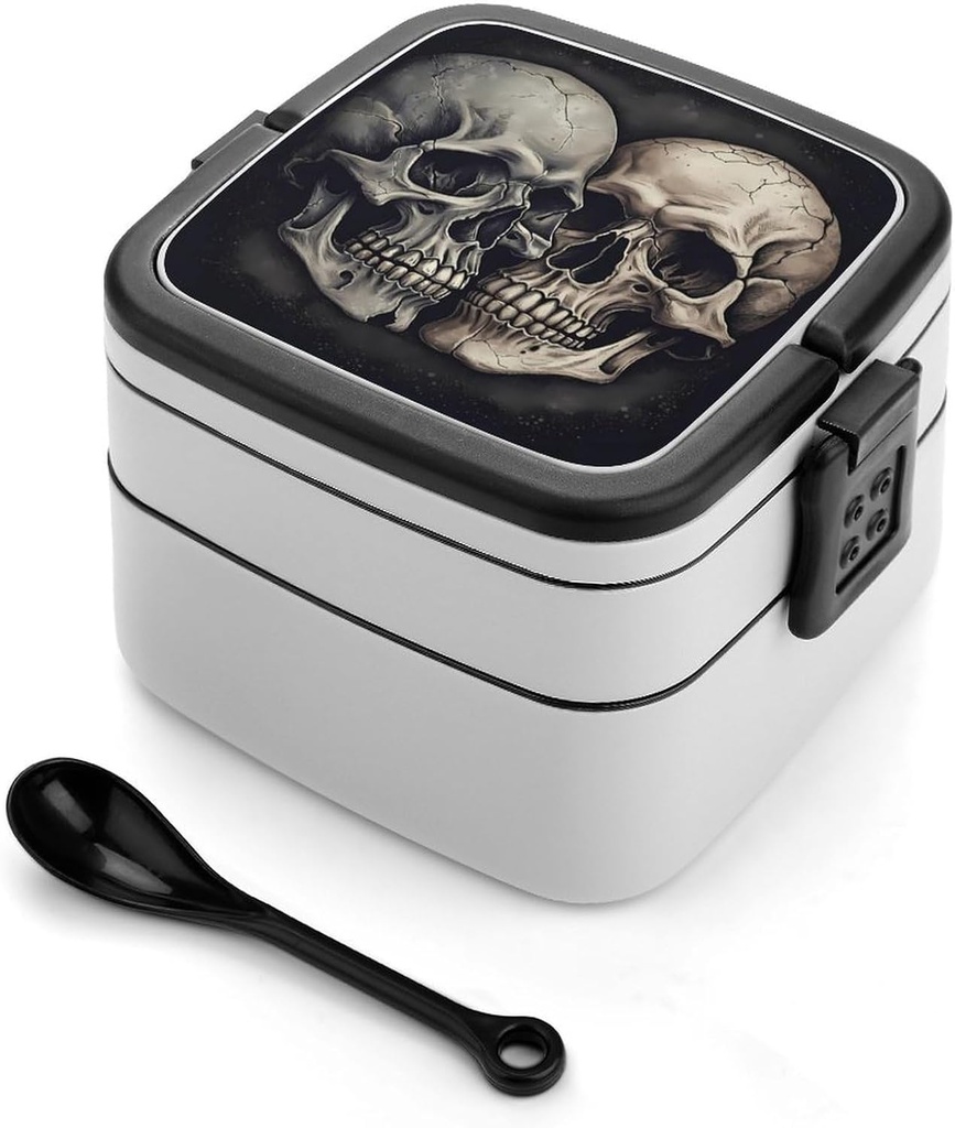 Skull Together Bento Box Adult Lunch Box All-in-One Lunch Containers with Removable Compartments Double Layer Bento Lunch Box with Spoon And Handle Stackable Lunchbox