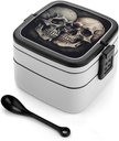 Skull Together Bento Box Adult Lunch Box All-in-One Lunch Containers with Removable Compartments Double Layer Bento Lunch Box with Spoon And Handle Stackable Lunchbox