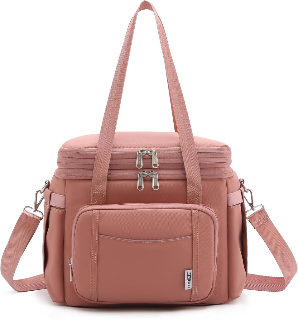 Large Expandable Insulated Lunch Bag Double-Layer Insulated Lunch Bag with Leakproof for Men Women Reusable Lunch Tote Cooler Bag with 6 Pockets Large Lunch box for Adults Work Outdoor Beach Trip Pink