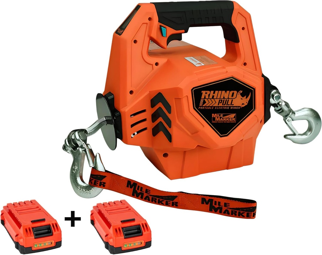Mile Marker Rhino Pull 1000-24V Portable Electric Winch Battery Powered Winch 1/2 Ton (1000 lb) Electric Hoist Wire and Wireless Remote - Includes 2 Batteries (1 Bonus) and Accessories