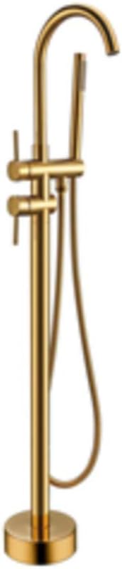 Brushed Gold Freestanding Bathtub Faucet with Cold and Hot Water Smooth Double Handle Floor Mounted Brass Bathtub Shower Mixer Taps with Rectangular Handheld Shower