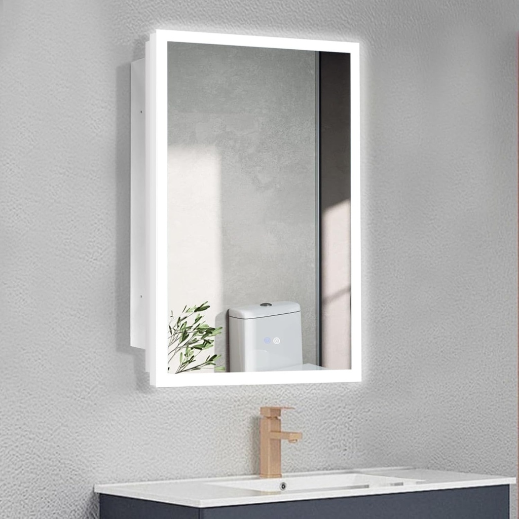 Smart Lighted Medicine Cabinet with Anti-Fog Mirror-16x26 Inch, Dimmable LED, Touch Control, 3 Glass Shelves,Recessed or Surface Mount Bathroom Storage