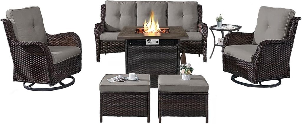 Belord Outdoor Patio Furniture Set with Propane Fire Pit Table, 7 Pieces Wicker Patio Conversation Set with 2 Swivel Glider Rocker Chair Rattan Sofa Grey Cushion Perfect for Casual Gathering