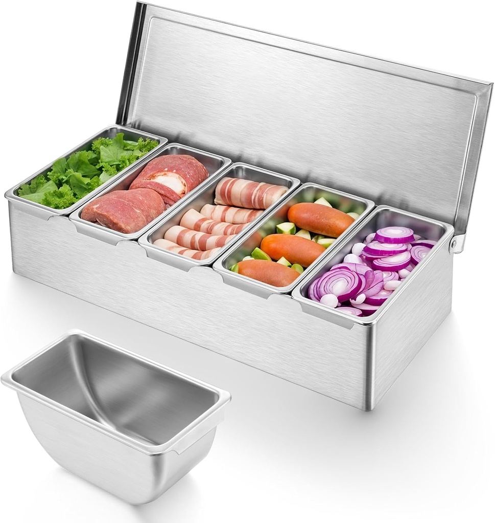 Pizza Topping Station, Condiment Station, Stainless Steel Pizza Topping Station with 5 Removable Containers for Salad Bar and Nacho Bar Topping Station and Grill Table