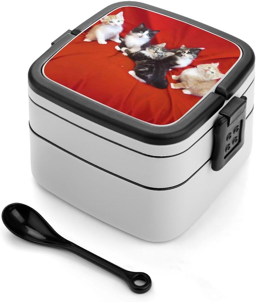 Cat Bento Box Adult Lunch Box All-in-One Lunch Containers with Removable Compartments Double Layer Bento Lunch Box with Spoon And Handle Stackable Lunchbox