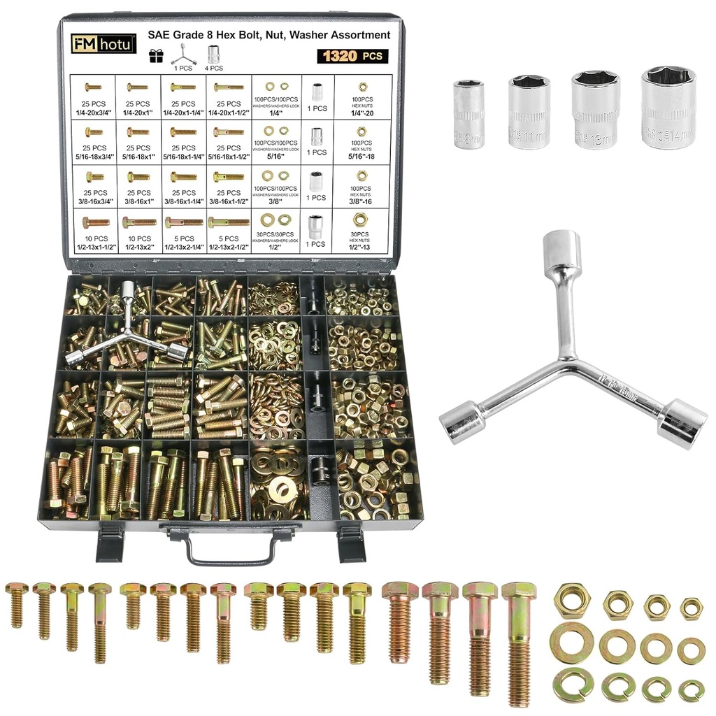 1320Pcs Nuts and Bolts Assortment Kit, 16 Sizes Includes 1/4-20 5/16-18 3/8-16 1/2-13, SAE Grade 8 Alloy Steel Hex Cap Screws Nuts Washers with Wrenches Assortment Kit THLSTZ1320pcs
