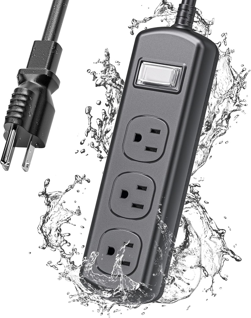 EIGSO Outdoor Power Strip Weatherproof, IPX6 Grade Waterproof Surge Protector with 3 Wide Outlets, Anti-Electric Shock, 6 FT Heavy Duty Extension Cord for Outdoor Patio Garden, Black
