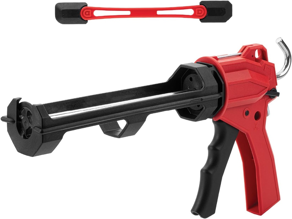 Bates- Caulking Gun Tool, 10:1 Thrust Ratio, Black & Red, 360° Rotating Plastic Barrel, Caulk Gun with Spout Cutter, Seal Puncture Tool, Built-in Scraper and Finishing Tool