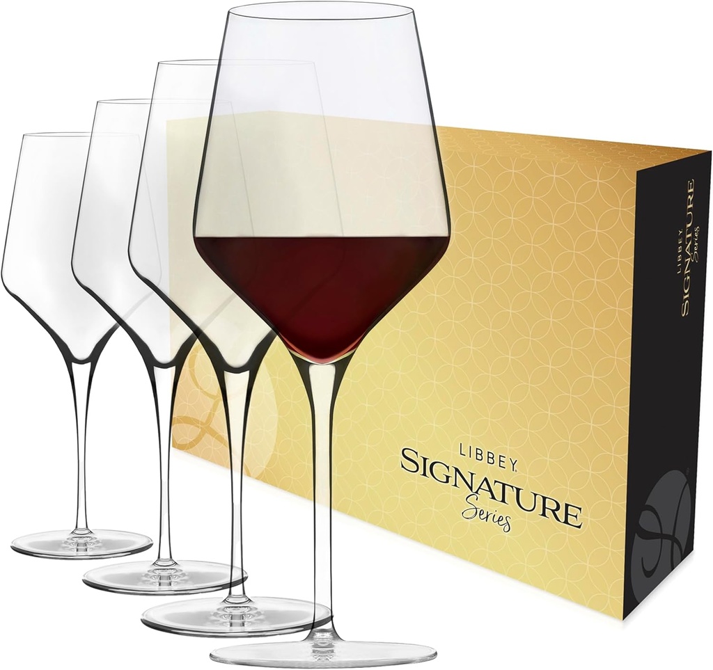 Libbey Signature Greenwich All Purpose Wine Glasses, 16 Oz Angular Wine Glass Set of 4 with Pulled Stem, Stemware Glasses for Cocktails and More
