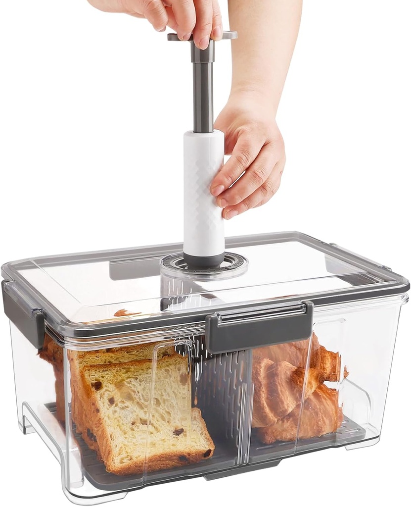 Bread Box for Kitchen Countertop Airtight, Extra Large Bread Container Boxes with Vacuum Pump, Bread Storage Keeper for Homemade Bread with Removable Boards, Time Recording Bread Holder with Lid, 8Qt
