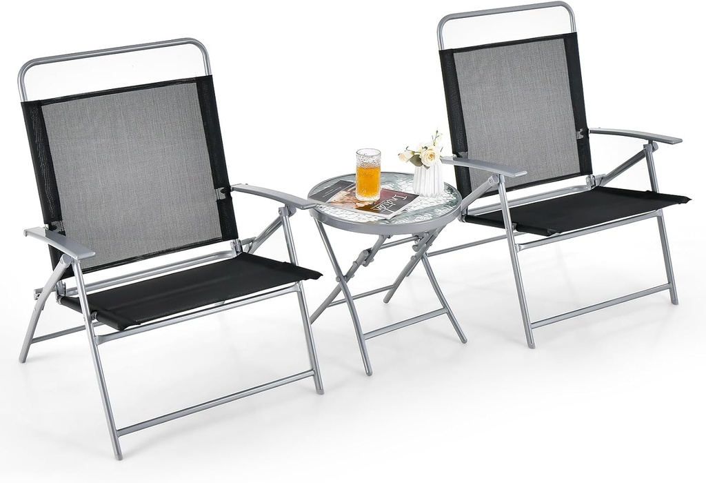 Tangkula 3 Piece Patio Folding Chair Set, Outdoor Metal Conversation Set w/Coffee Table, Extra-Large Seat, Stable Metal Frame, Portable Folding Chair & Table Set for Front Porch, Backyard