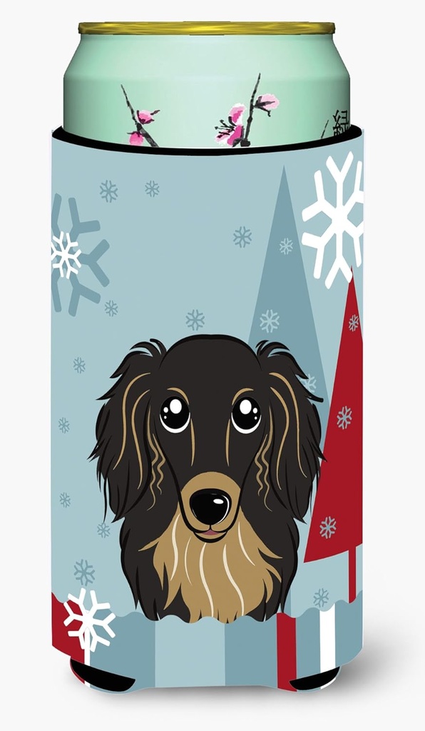 Caroline's Treasures BB1709TBC Winter Holiday Longhair Black and Tan Dachshund Tall Boy Hugger Can Cooler Sleeve Hugger Machine Washable Drink Sleeve Hugger Collapsible Insulator Beverage Insulated Ho