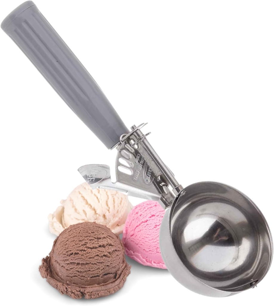 TableCraft 2108 Disher, 4 oz Stainless Steel Scoop with Gray Color-Coded Thumb Press Handle, Size 8, Ideal for Portioning Soft Foods, Dishwasher Safe, 1 Count