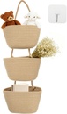 PATIKIL Over the Door Basket, 3 Tier Cotton Rope Woven Hanging Basket Wall Mounted Storage Organizer for Kitchen Bedroom Living Room, Khaki