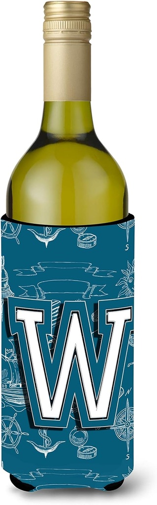 Caroline's Treasures CJ2014-WLITERK Letter W Sea Doodles Initial Alphabet Wine Bottle Hugger Bottle Cooler Sleeve Hugger Machine Washable Collapsible Insulator Beverage Insulated Holder