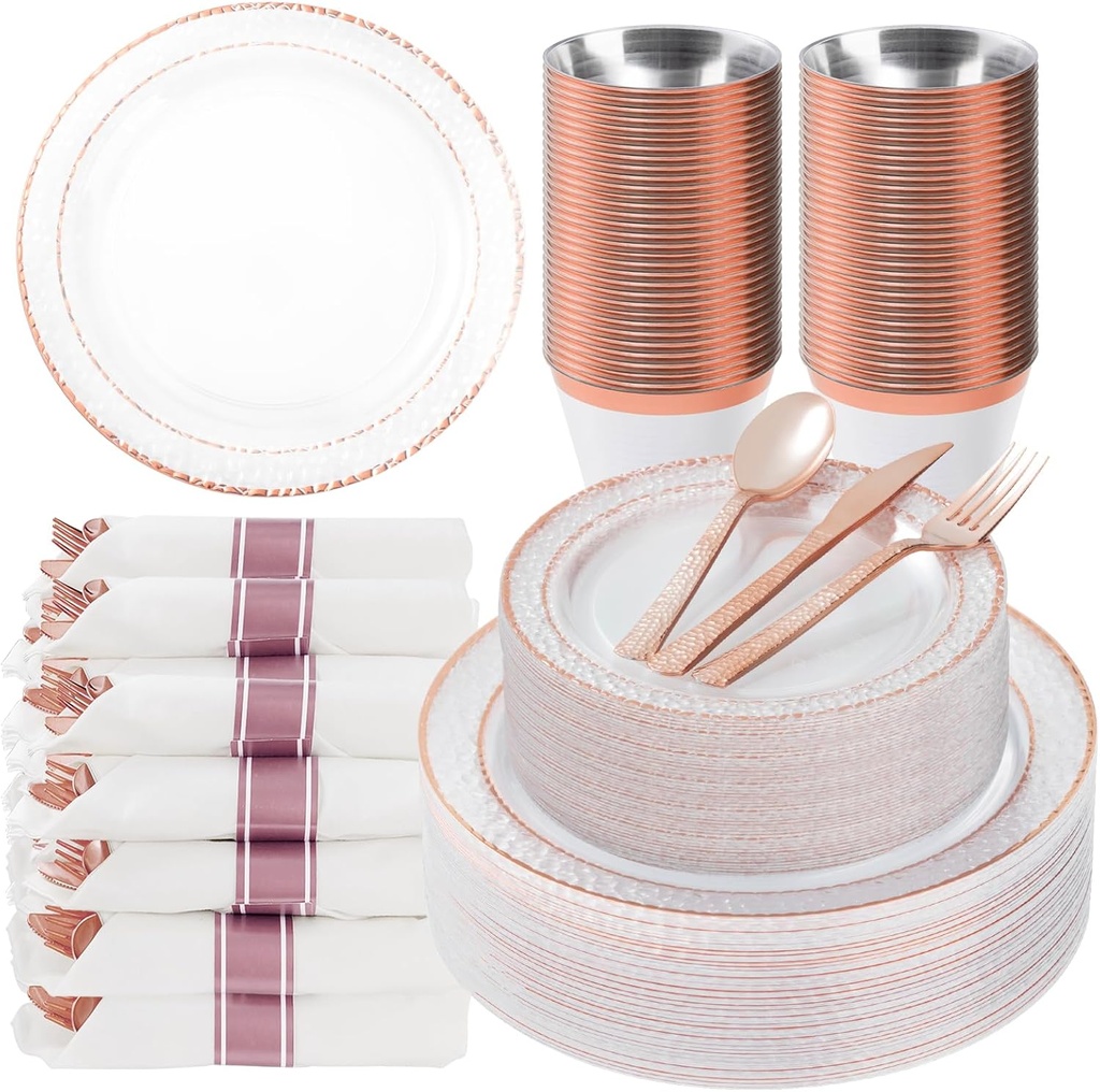 350PCS Clear Plastic Plates with Rose Gold Trim for 50 Guests, Disposable Dinnerware Set for Party, Wedding, Include 100 Plastic Plates, 50 Pre Rolled Napkins with Silverware, 50 Cups