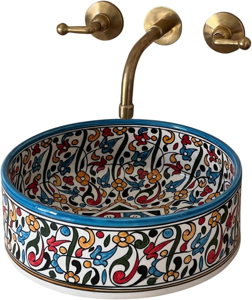 Countertop Ceramic Wash basin Sink, Floral Sink Bowl, Hand Painted Above Counter Vanity Vessel Sink, Farmhouse Bathroom Ceramic Basin, Round Vessel sink (12 Inch = 30 cm | Height: 4.3 Inch = 11 cm)