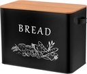 TeamFar Bread Box with Wooden Lid, 13.1” x 7.2” x 9.7” Metal Bread Container Storage Holder for Family Farmhouse Kitchen Countertop, Powder-Coated & Healthy, Large Capacity & Classic Pattern (Black)