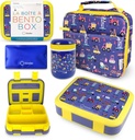 Bento Box with Thermo, Insulated Lunch Bag, & Ice Pack Set for Kids or Toddlers. Stainless Steel Food Jar, 5 Compartment Lunch-Box for Pre-School or Daycare, Blue Yellow Trucks