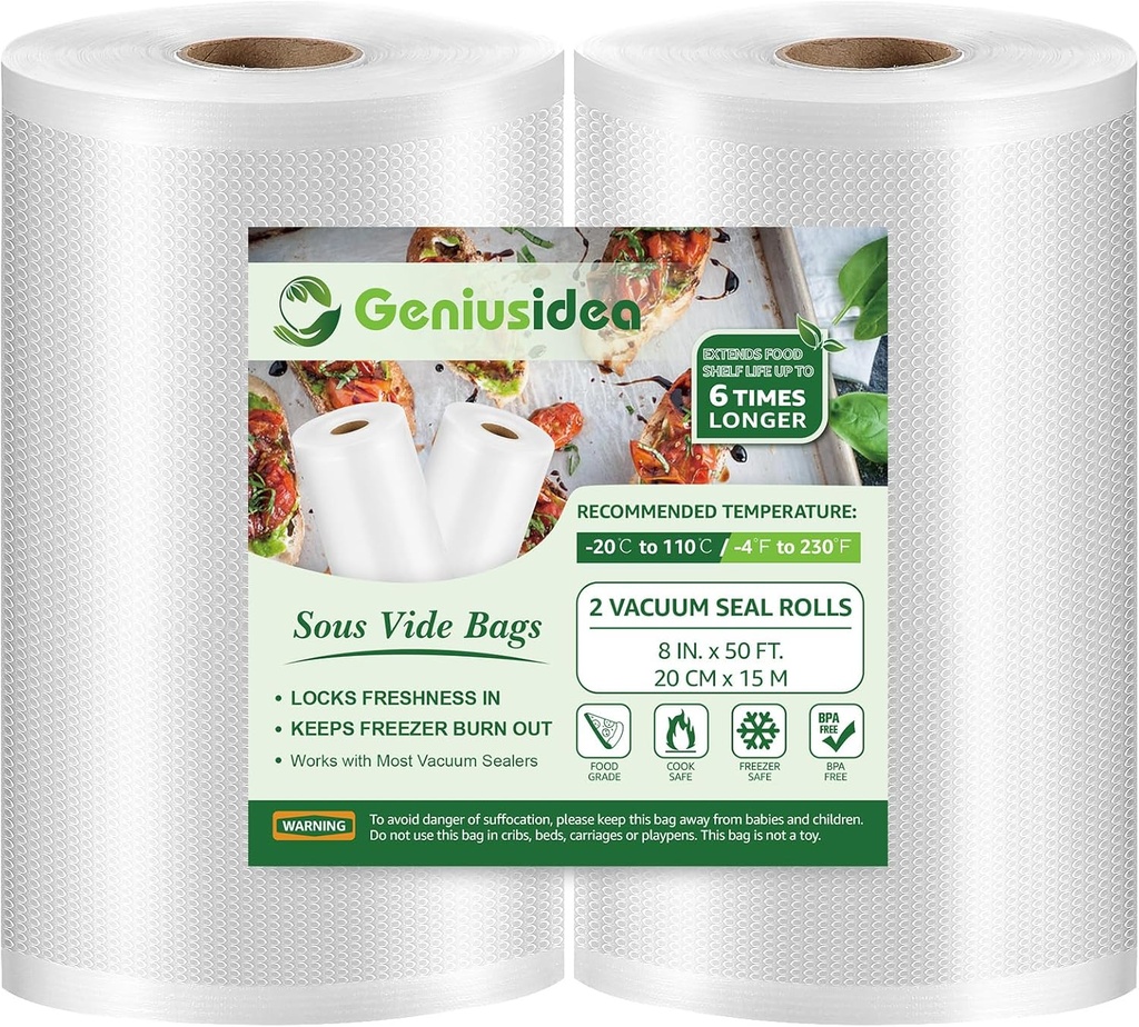 Geniusidea Vacuum Sealer Bags 8''x50' 2 Pack for Food Saver, Seal a Meal, BPA Free, Commercial Grade, Custom Fit Food Saver Bags Rolls for Sous Vide, Meal Prep, Vac Storage (100 Feet in Total)