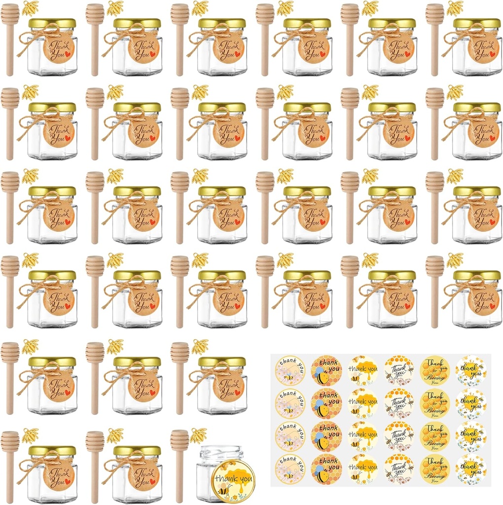 Mini Glass Honey jars-1.5 oz,30 pcs Hexagon Honey Jars with Wooden Dipper,Gold Lid,Bee Pendant,Rope,Mini Honey Jars with Dipper,Perfect for Baby Shower,Wedding Favors,Party Favors