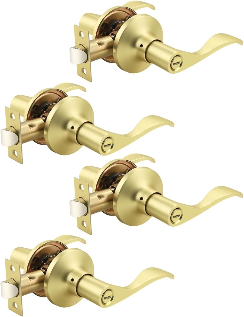 Mengico 4 Pack Gold Privacy Door Lever, Modern Interior Door Knobs Locks for Bedroom and Bathroom, Heavy Duty Door Handle, Reversible Wave Lever Handle